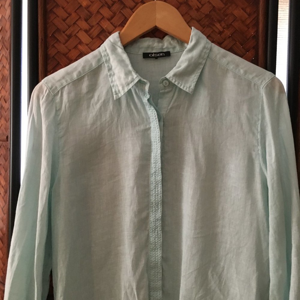 Olsen 100% Linen Pale Blue Button Down Shirt Coastal S - Picture 4 of 16